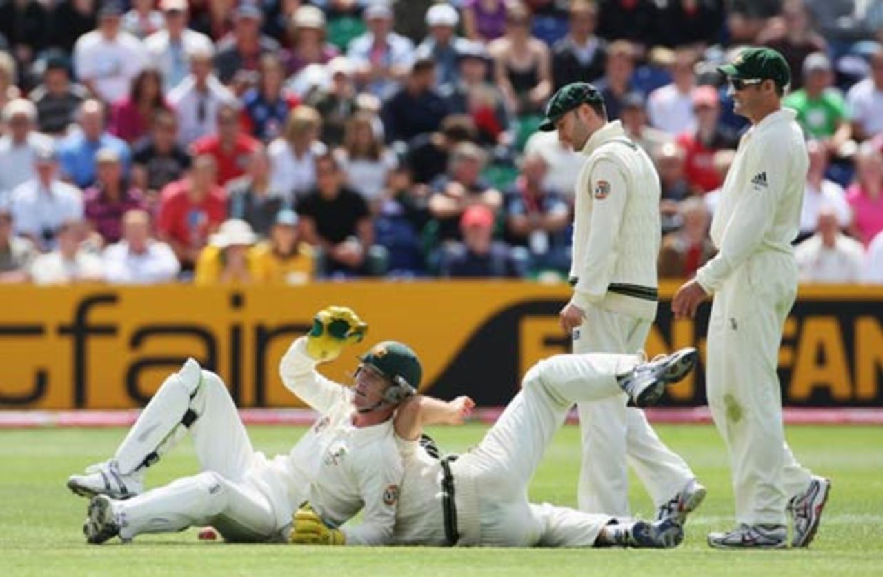 Brad Haddin and Simon Katich end up in a tangle after neither could quite reach a catch, England v Australia, 1st Test, Cardiff, 5th day, July 12, 2009