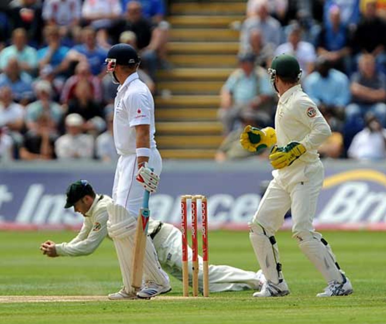 Matt Prior lobs a catch to Michael Clarke at slip, England v Australia, 1st Test, Cardiff, 5th day, July 12, 2009