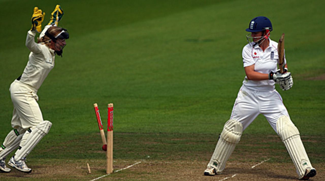 Beth Morgan is bowled by Lisa Sthalekar, England v Australia, Women's Test, New Road, July 12, 2009