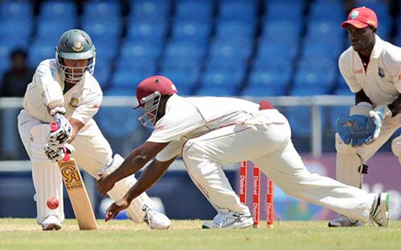 Tamim Iqbal defends safely in front of silly point, West Indies v Bangladesh, 1st Test, Kingstown, 4th day, July 12, 2009