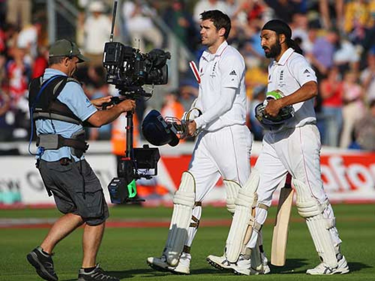 Monty Panesar and James Anderson walk off as heroes, England v Australia, 1st Test, Cardiff, 5th day, July 12, 2009