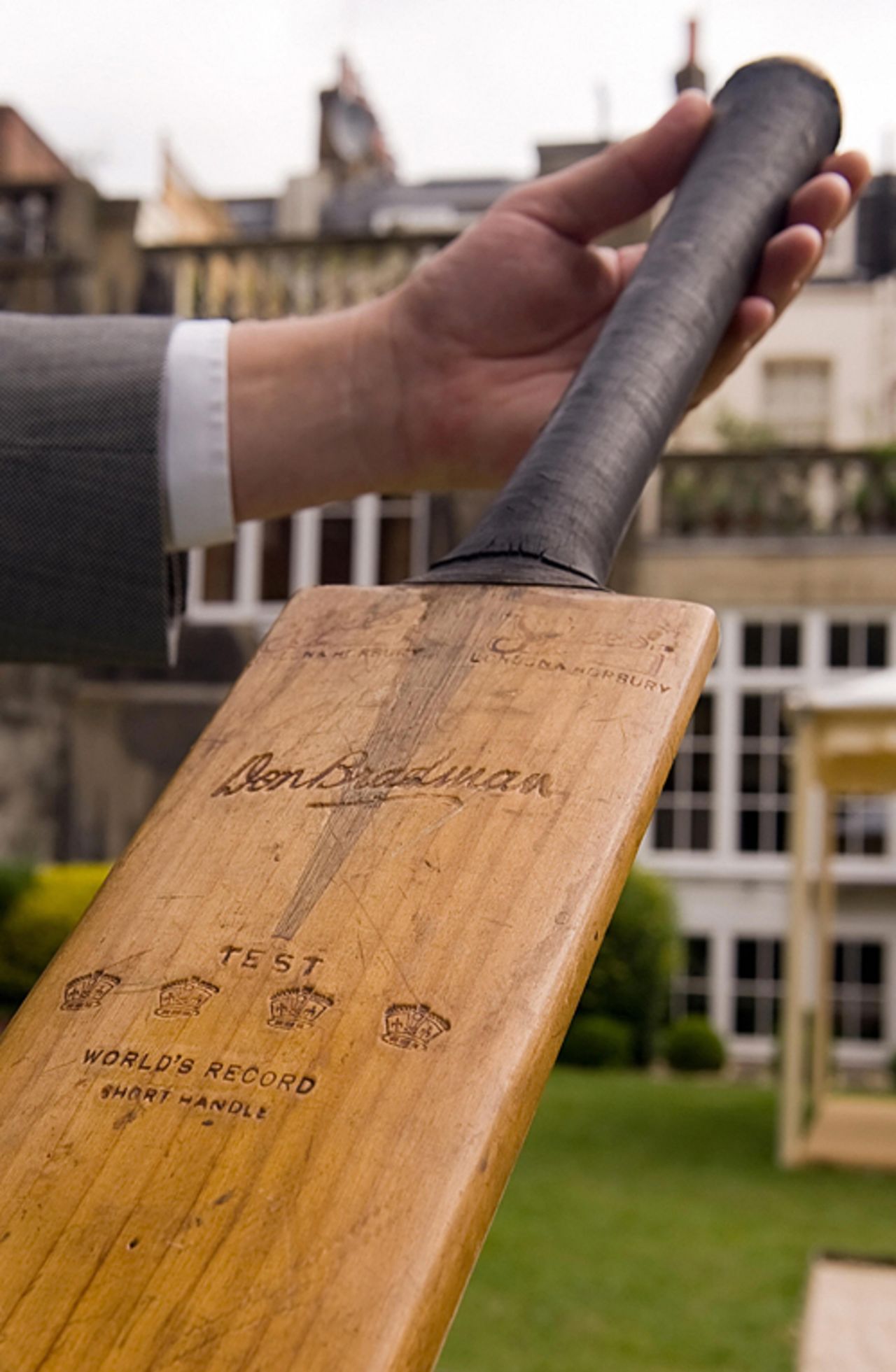 A close-up of the the '140 Bradman Cricket Bat', London, July 13, 2009
