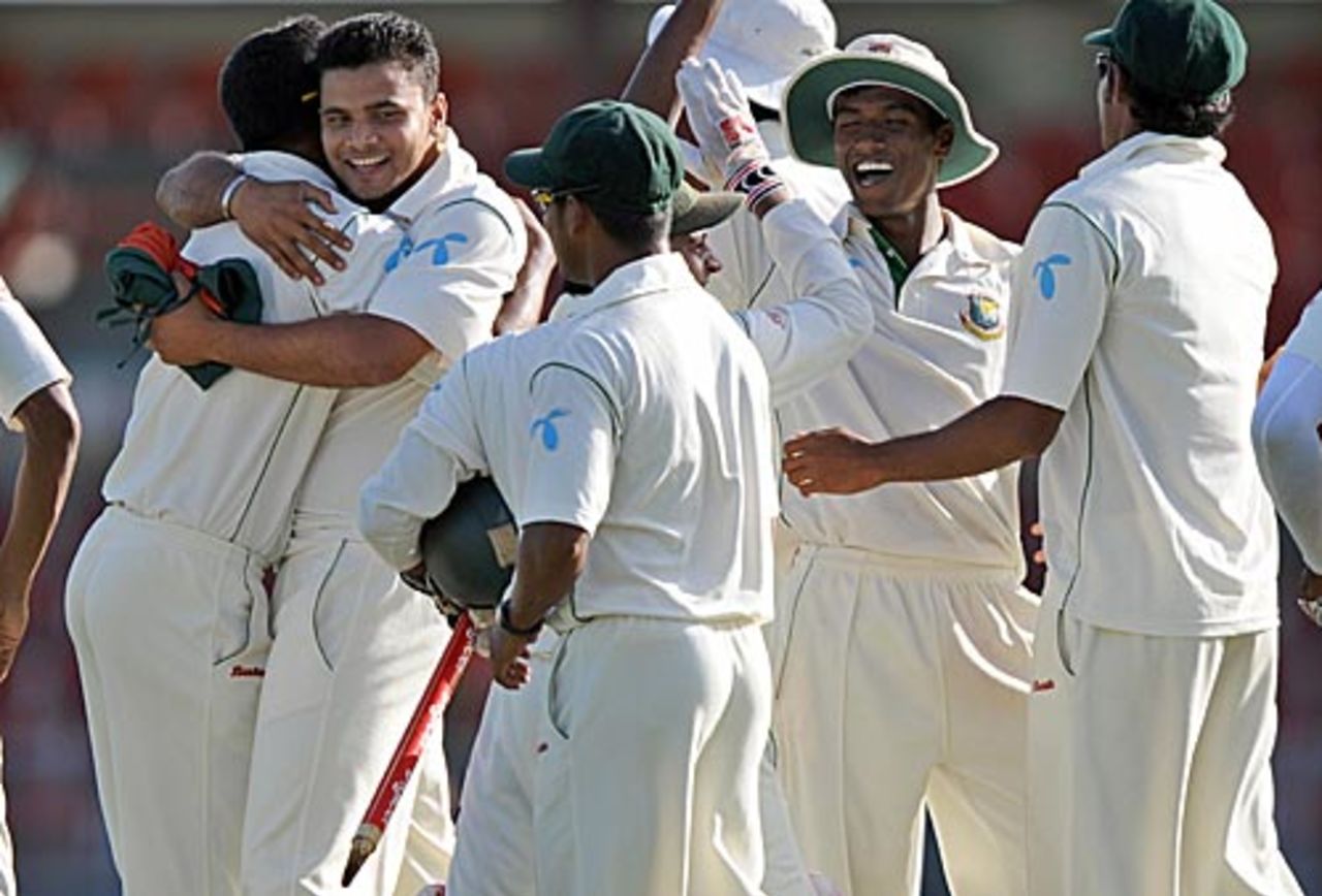 Mashrafe Mortaza and his team-mates are jubilant after Bangladesh's win, West Indies v Bangladesh, 1st Test, Kingstown, 5th day, July 13, 2009