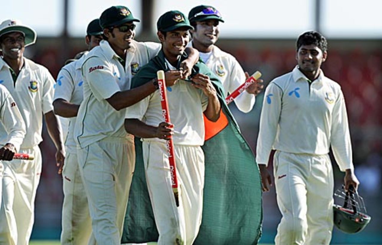 Mahmudullah leads his team off the field after a historic win, West Indies v Bangladesh, 1st Test, Kingstown, 5th day, July 13, 2009