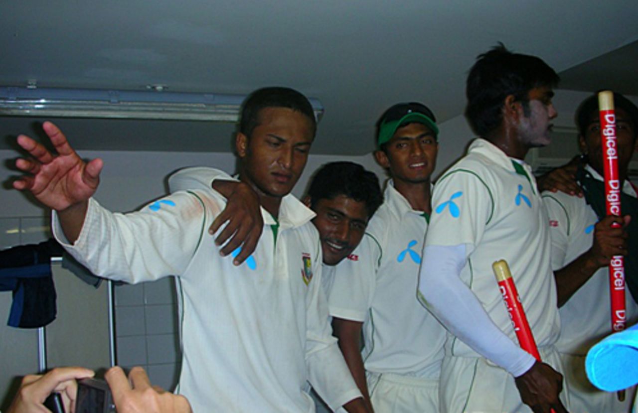 Jubilant scenes in the Bangladesh dressing room, West Indies v Bangladesh, 1st Test, Kingstown, 5th day, July 13, 2009