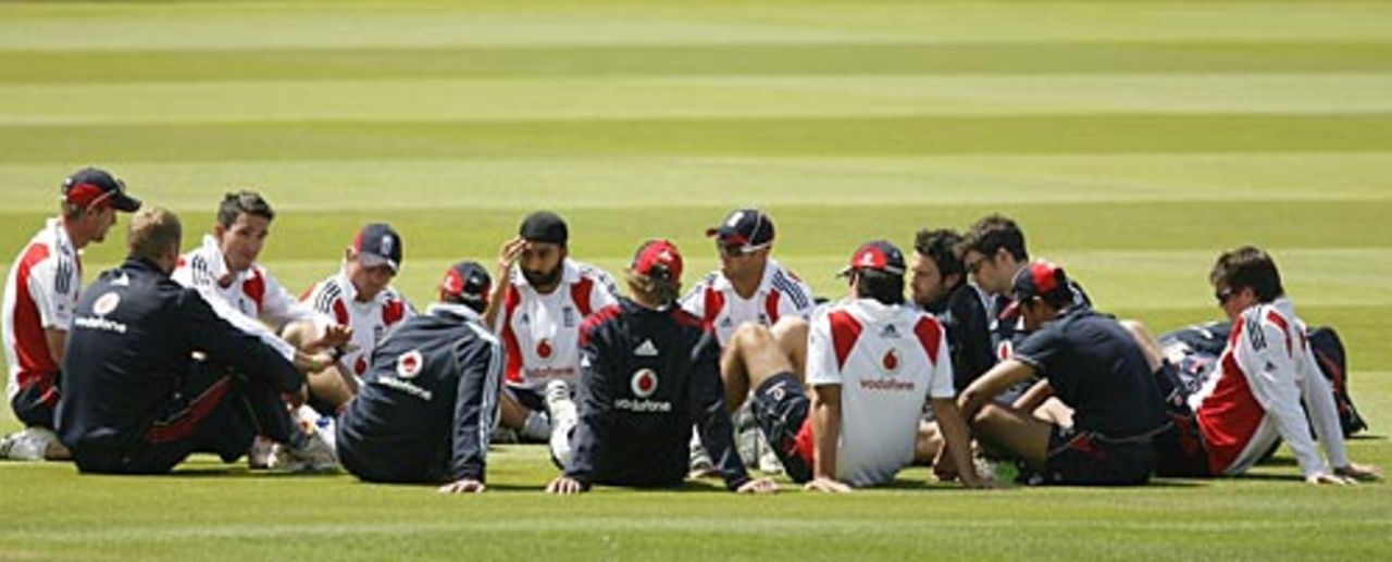 England players in a meeting, Lord's, July 14, 2009