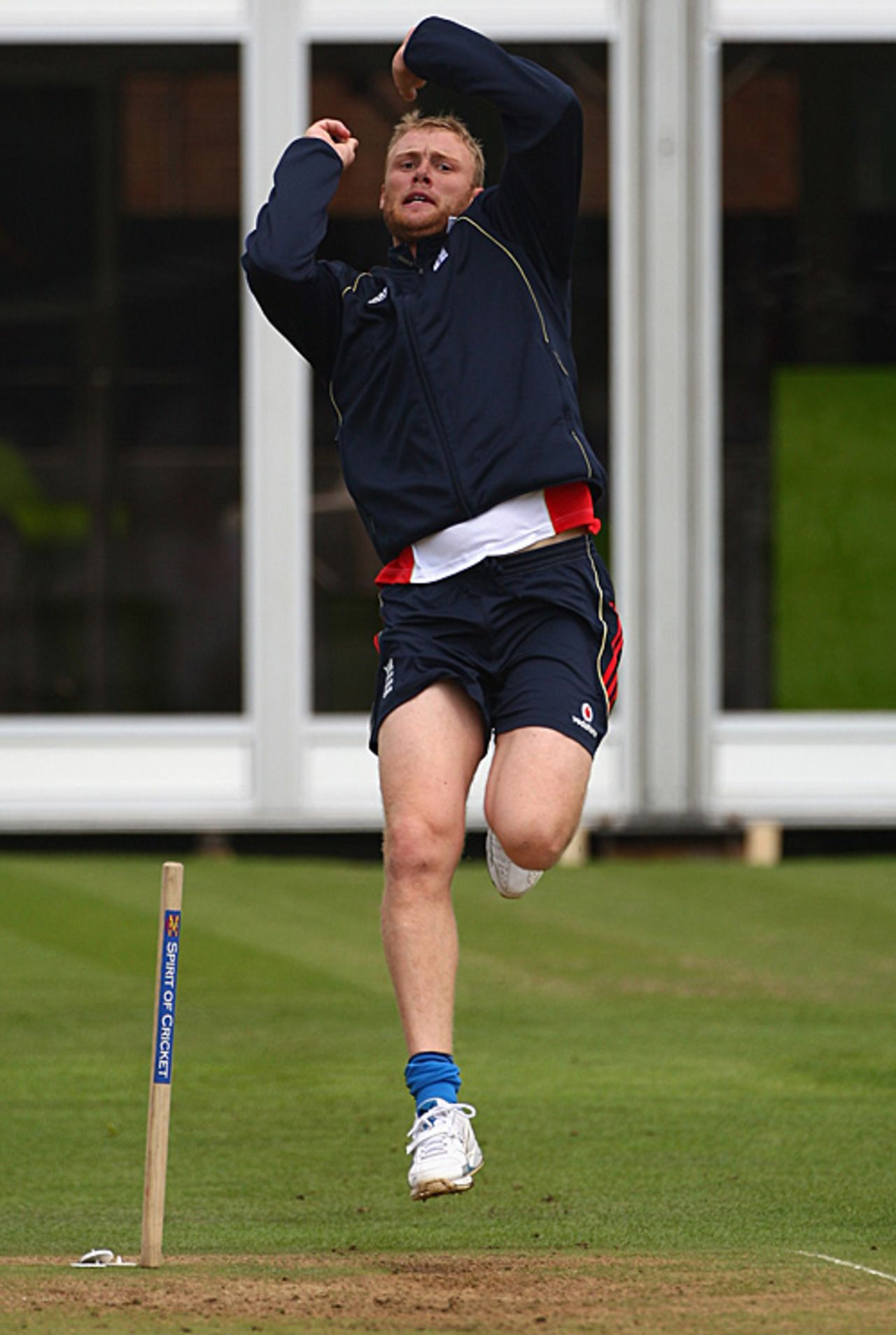 Andrew Flintoff steams in during a net session as he attempts to prove his fitness for the second Test, Lord's, July 15, 2009