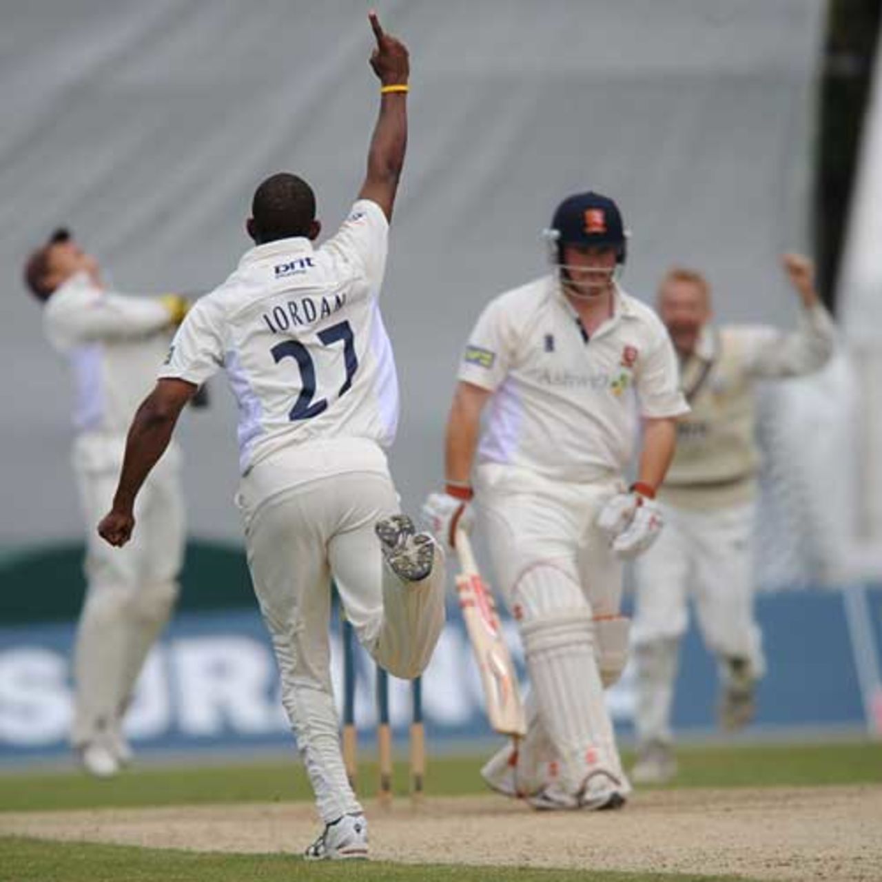 Chris Jordan has John Maunders caught behind for 31, Surrey v Essex, County Championship, Guildford, July 15, 2009