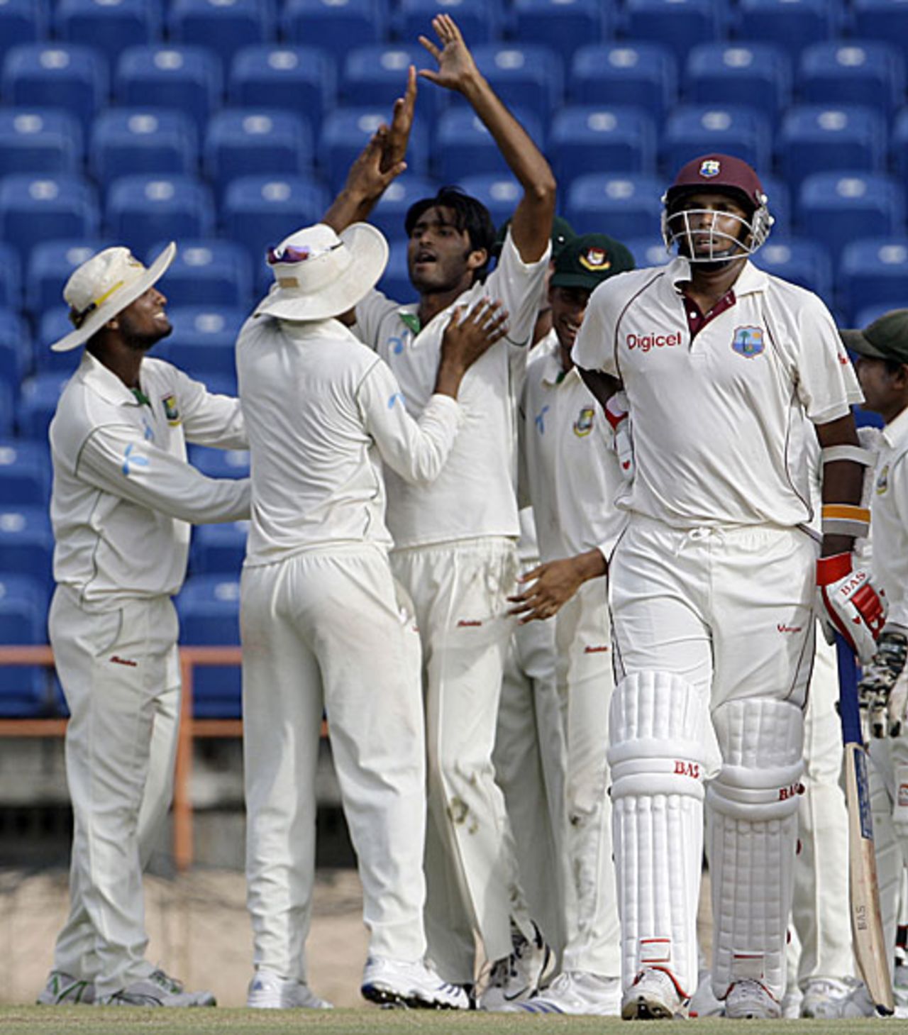 Shahadat Hossain is congratulated for getting rid of Ryan Austin , West Indies v Bangladesh, 2nd Test, Grenada, 1st day, July 17, 2009