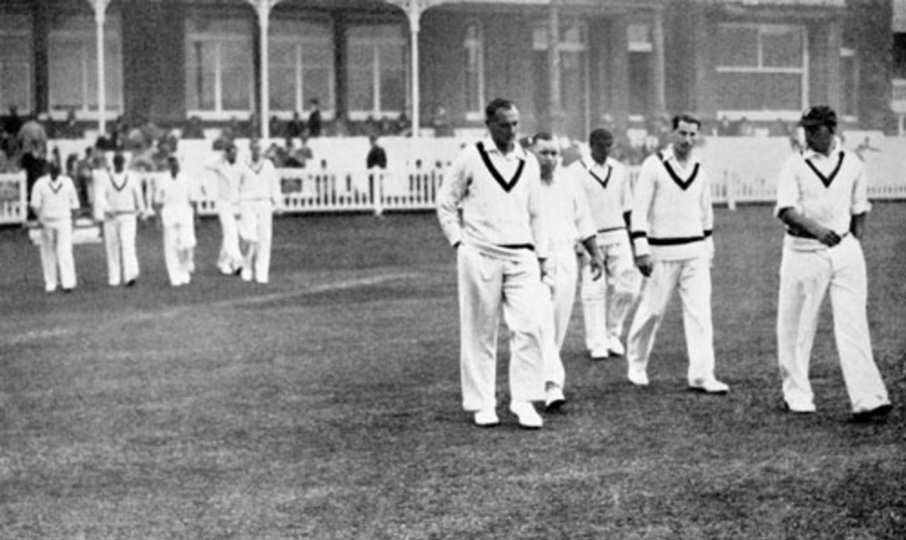 England take to the field after enforcing the follow-on, England v Australia, Lord's, June 25, 1934