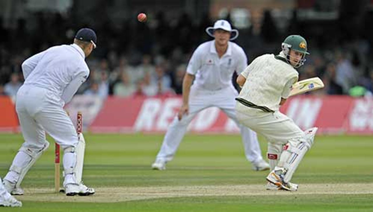 Michael Clarke advances and is bowled by Graeme Swann, England v Australia, 2nd Test, Lord's, 5th day, July 20, 2009