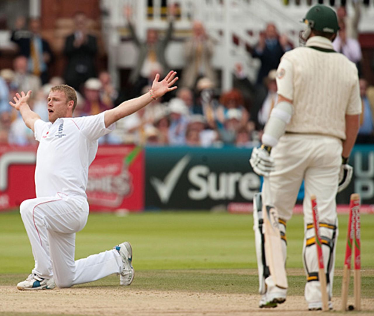 Andrew Flintoff celebrates his five-wicket haul in his last appearance in a Test at Lord's, England v Australia, 2nd Test, Lord's, 5th day, July 20, 2009
