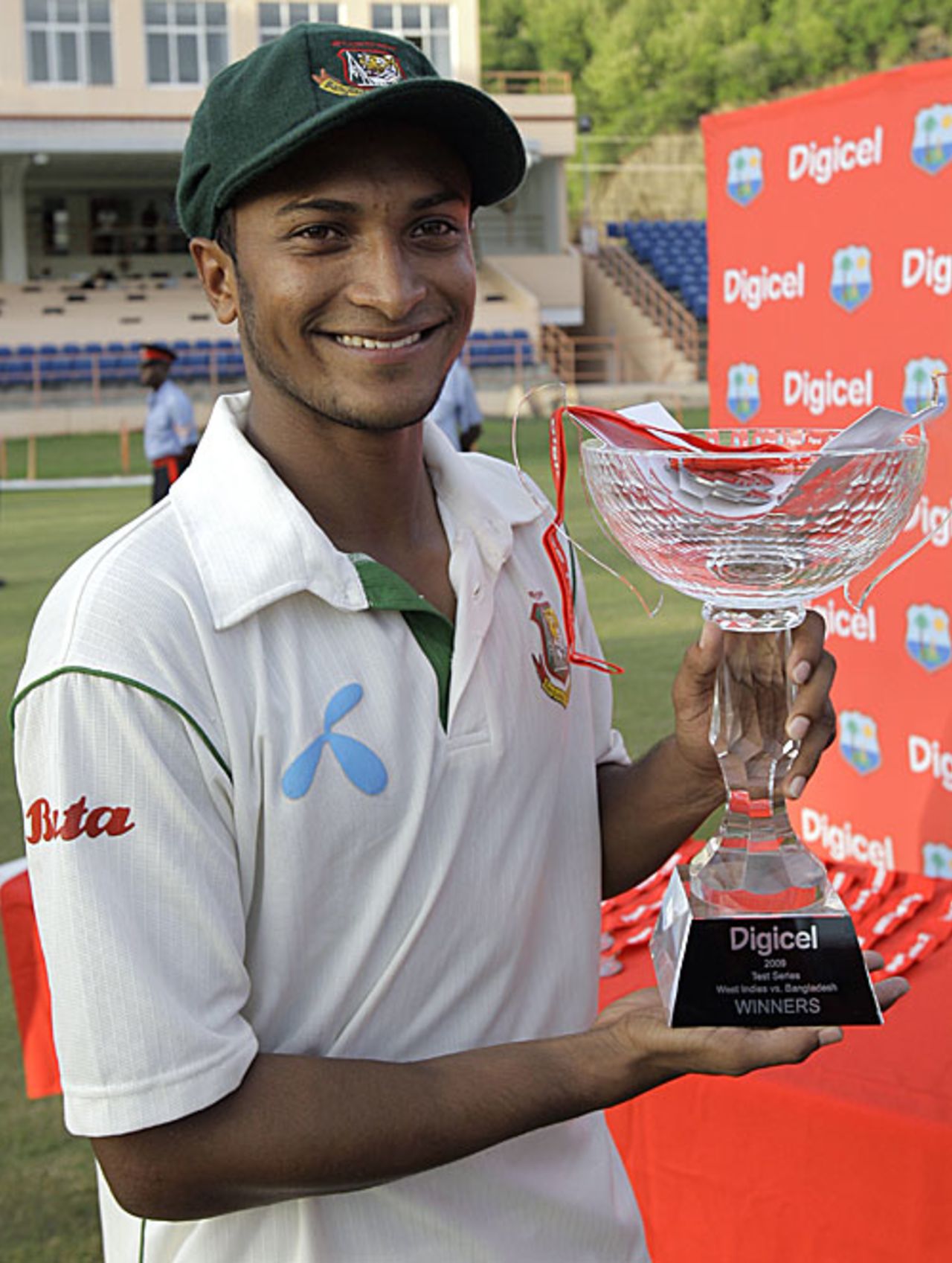 Shakib Al Hasan poses with the series trophy, West Indies v Bangladesh, 2nd Test, 4th day, Grenada, July 20, 2009
