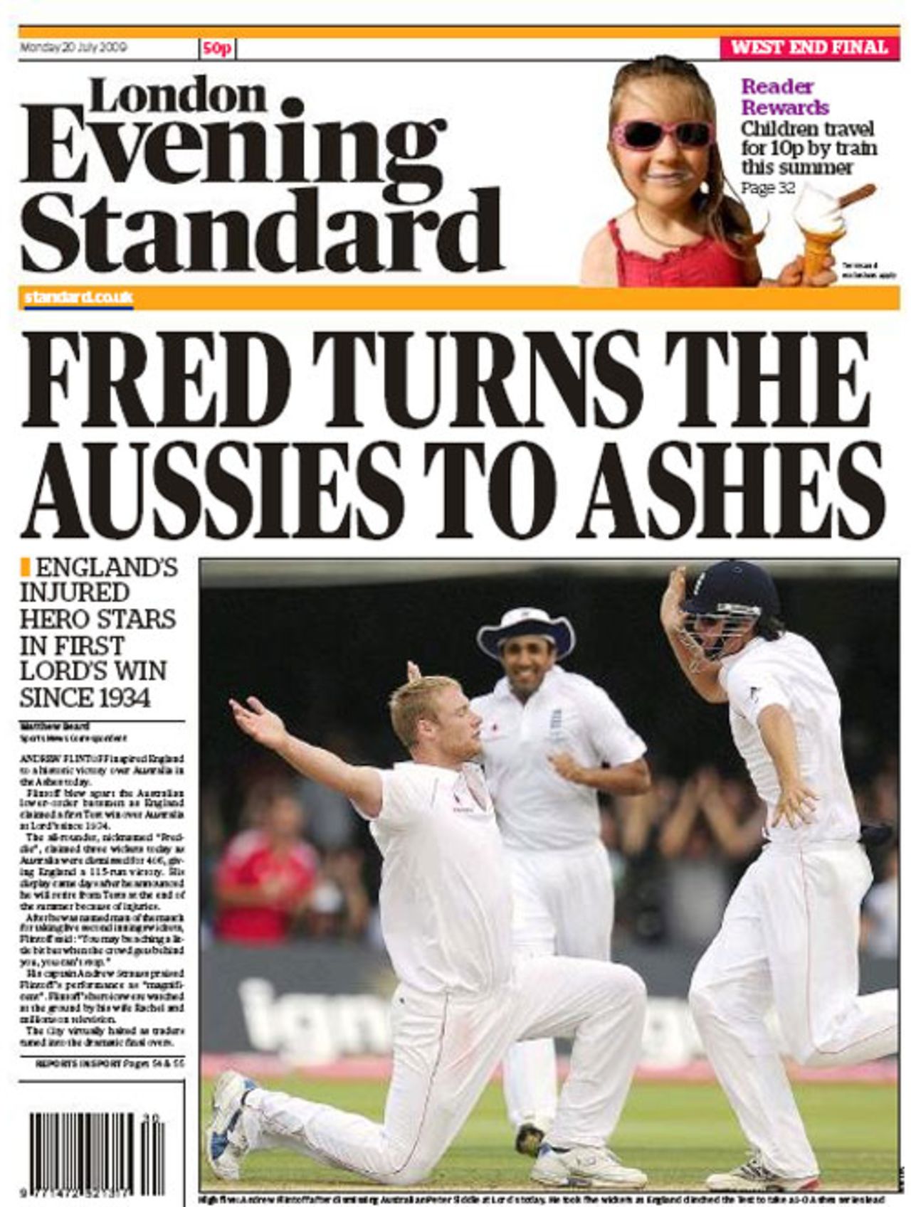 The <I>Evening Standard</I> celebrates England's win, England v Australia, 2nd Test, Lord's, July 20, 2009