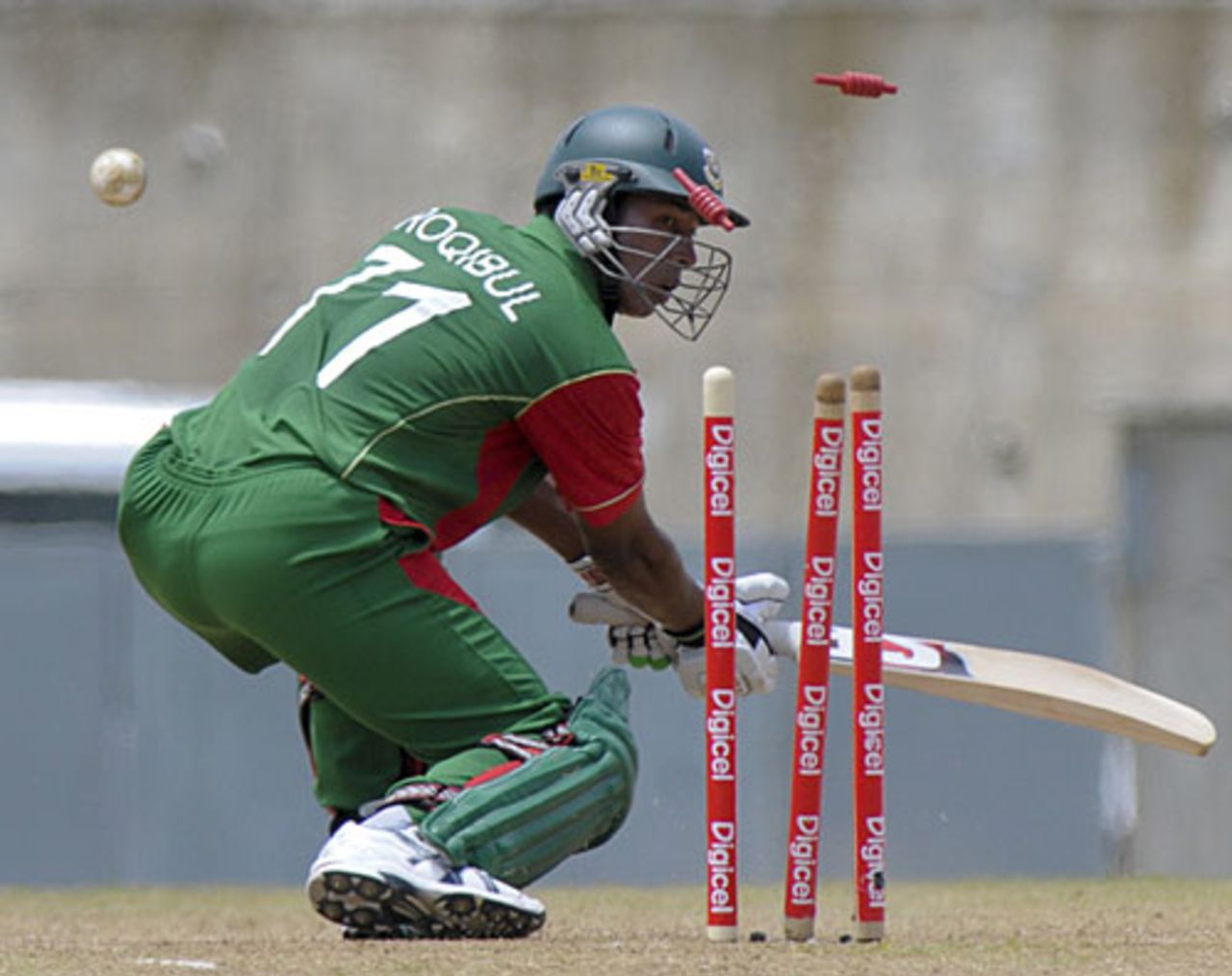 Raqibul Hasan is bowled for 12, West Indies v Bangladesh, 1st ODI, Dominica, July 26, 2009