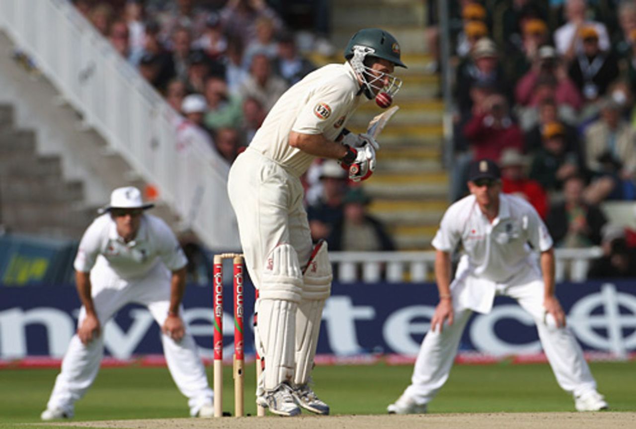 Simon Katich avoids a bouncer in the opening overs, England v Australia, 3rd Test, Edgbaston, 1st day, July 30, 2009