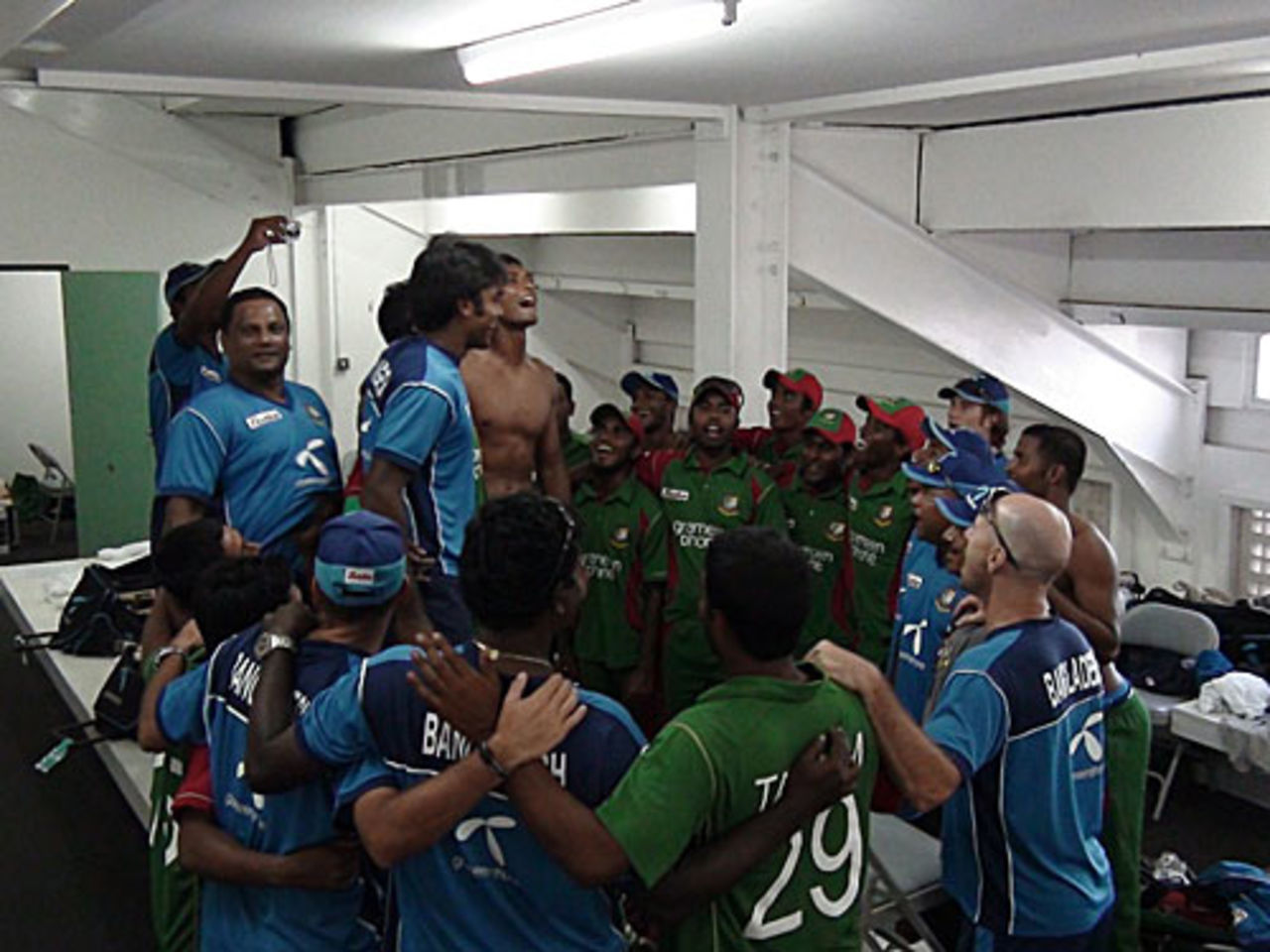 A jubilant Bangladesh team after their historic ODI series win in West Indies, Basseterre, July 31, 2009