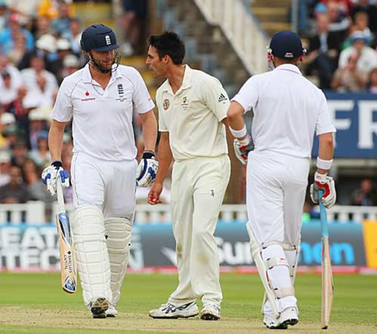 Mitchell Johnson has a word with Andrew Flintoff, England v Australia, 3rd Test, Edgbaston, 4th day, August 2, 2009