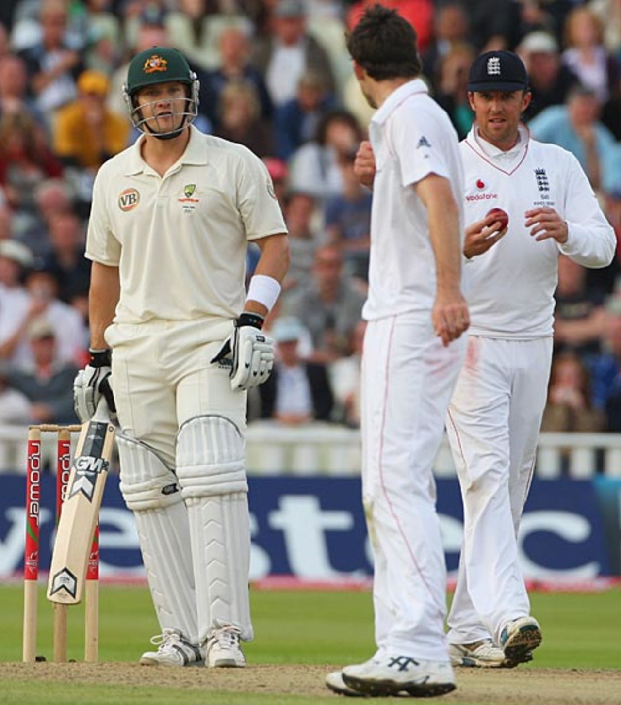 It's James Anderson's turn to have a chat with Shane Watson, England v Australia, 3rd Test, Edgbaston, 4th day, August 2, 2009