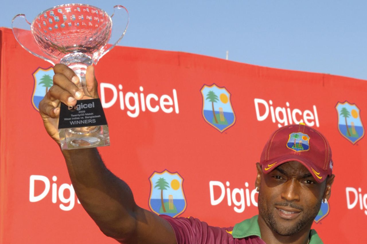 Floyd Reifer holds aloft the winners' trophy after West Indies beat Bangladesh by five wickets, West Indies v Bangladesh, Only Twenty20 international, St Kitts, August 2, 2009