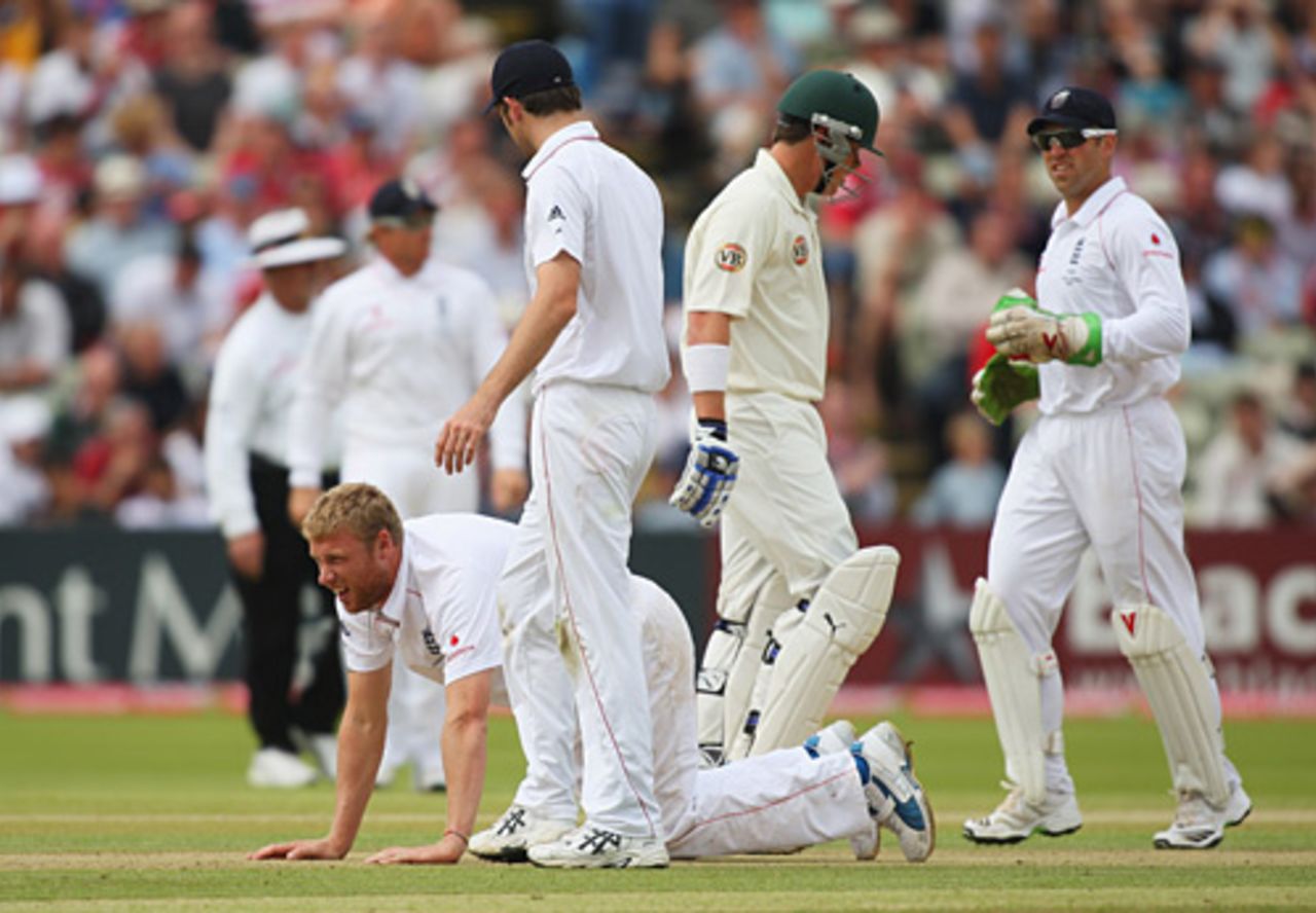 Andrew Flintoff with a familiar grimace on his face, after going over on his ankle, England v Australia, 3rd Test, Edgbaston, 5th day, August 3, 2009