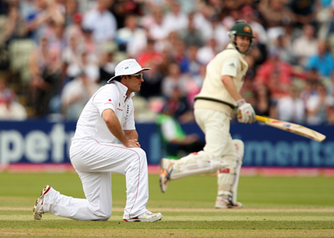 Andrew Strauss looks on after a missed catch opportunity, after going over on his ankle, England v Australia, 3rd Test, Edgbaston, 5th day, August 3, 2009