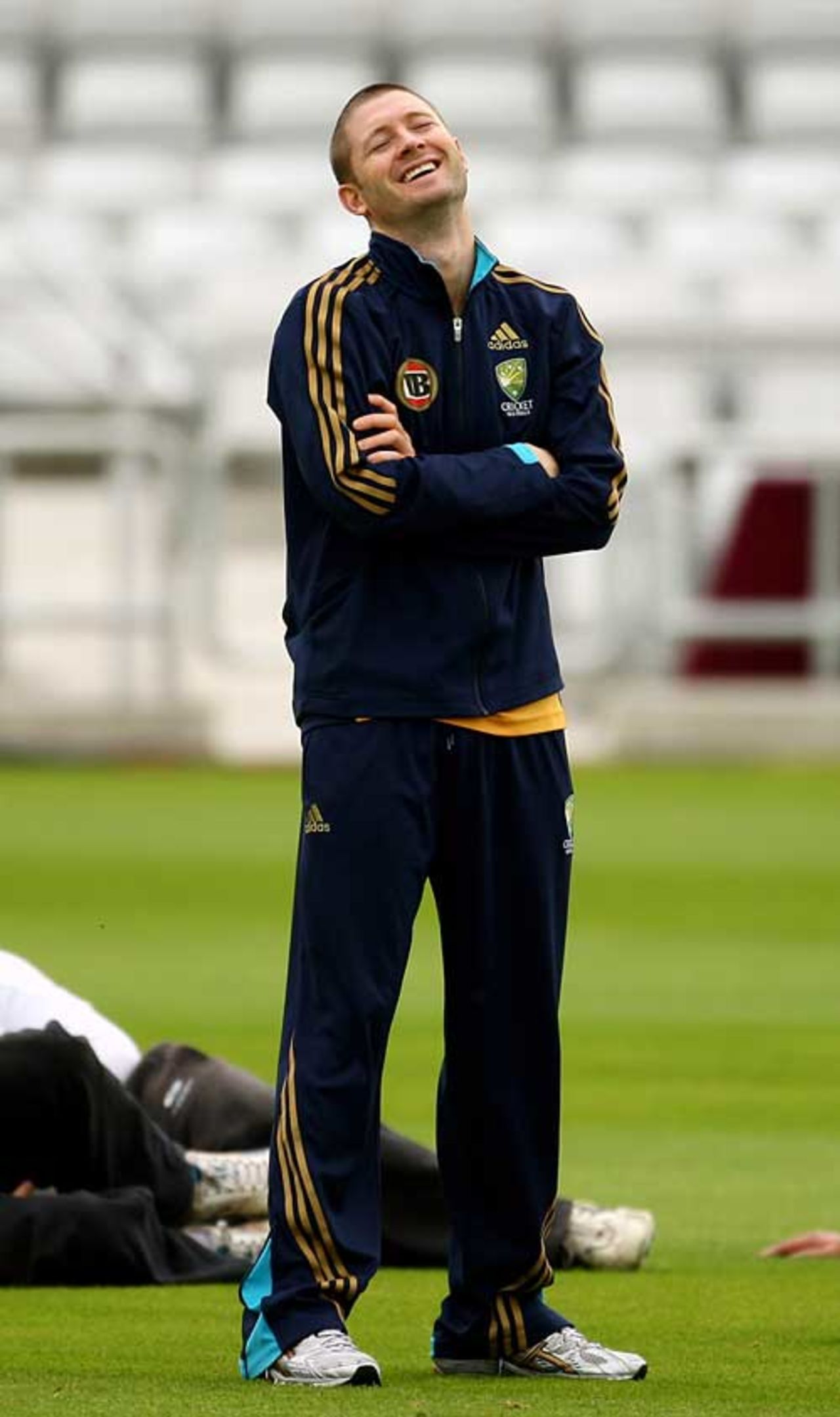 Rib tickler: Michael Clarke laughs instead of resting his strained abdominal muscle, Headingley, August 5, 2009