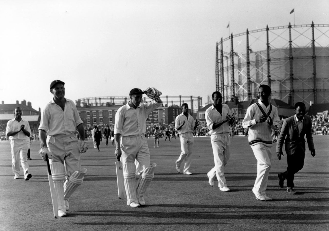 Tom Graveney (left) and John Murray leave the field after an unbroken eighth-wicket partnership, England v West Indies, fifth Test, The Oval, 19th August 1966