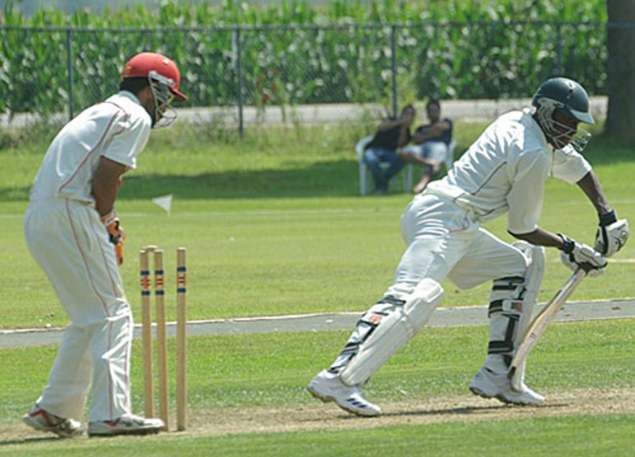 Alex Obanda is bowled by Zamir Zahir for 36, Canada v Kenya, ICC Intercontinental Cup, King City, 1st day, August 14, 2009