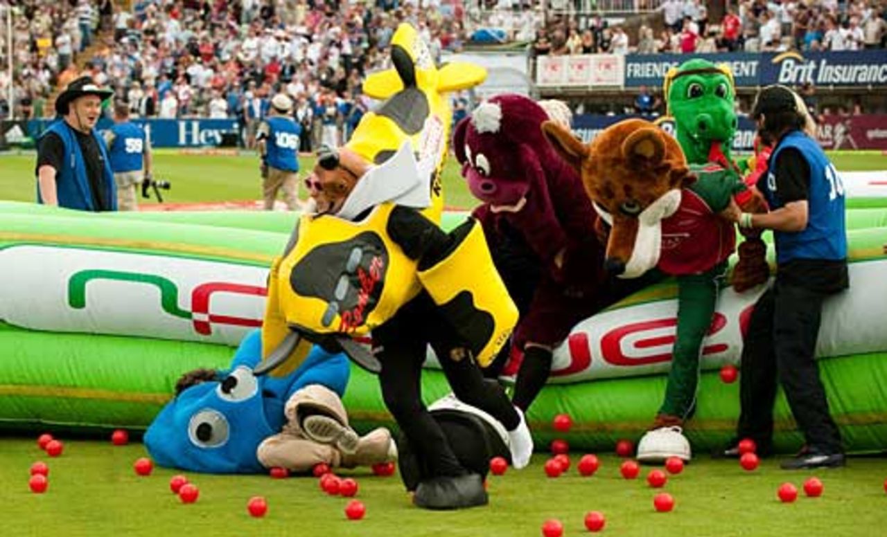 The mascots have some problems with one of the fences during the annual race, Twenty20 Finals Day, Edgbaston, August 15, 2009