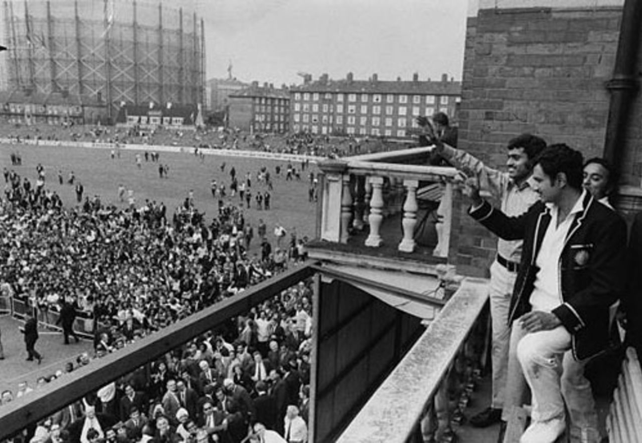 Ajit Wadekar and BS Chandrasekhar wave to the crowd after the historic win, England v India, 3rd Test, The Oval, 5th day, August 24, 1971