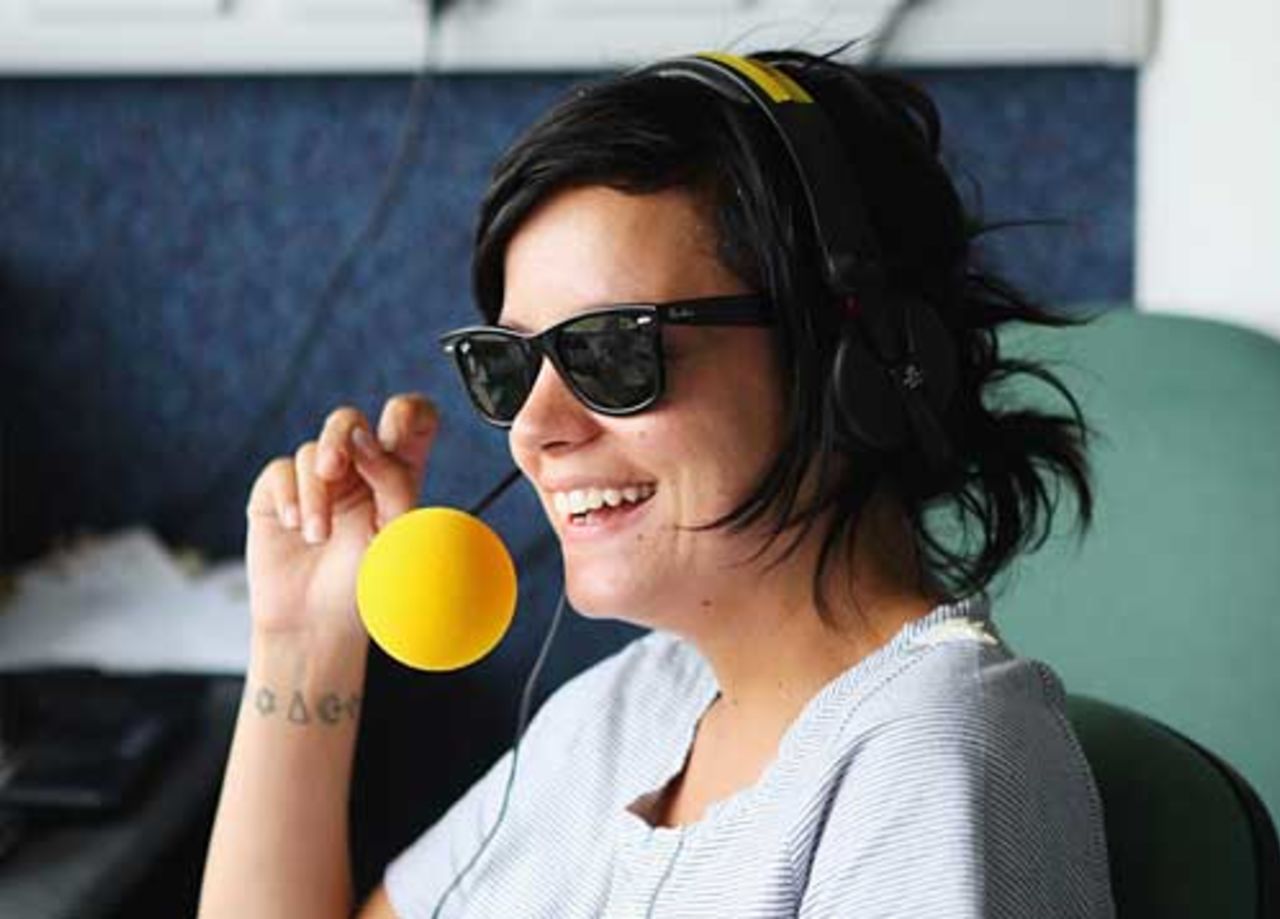 Lily Allen spends lunchtime with the <i>Test Match Special</i> team, England v Australia, 5th Test, The Oval, 3rd day, August 22, 2009