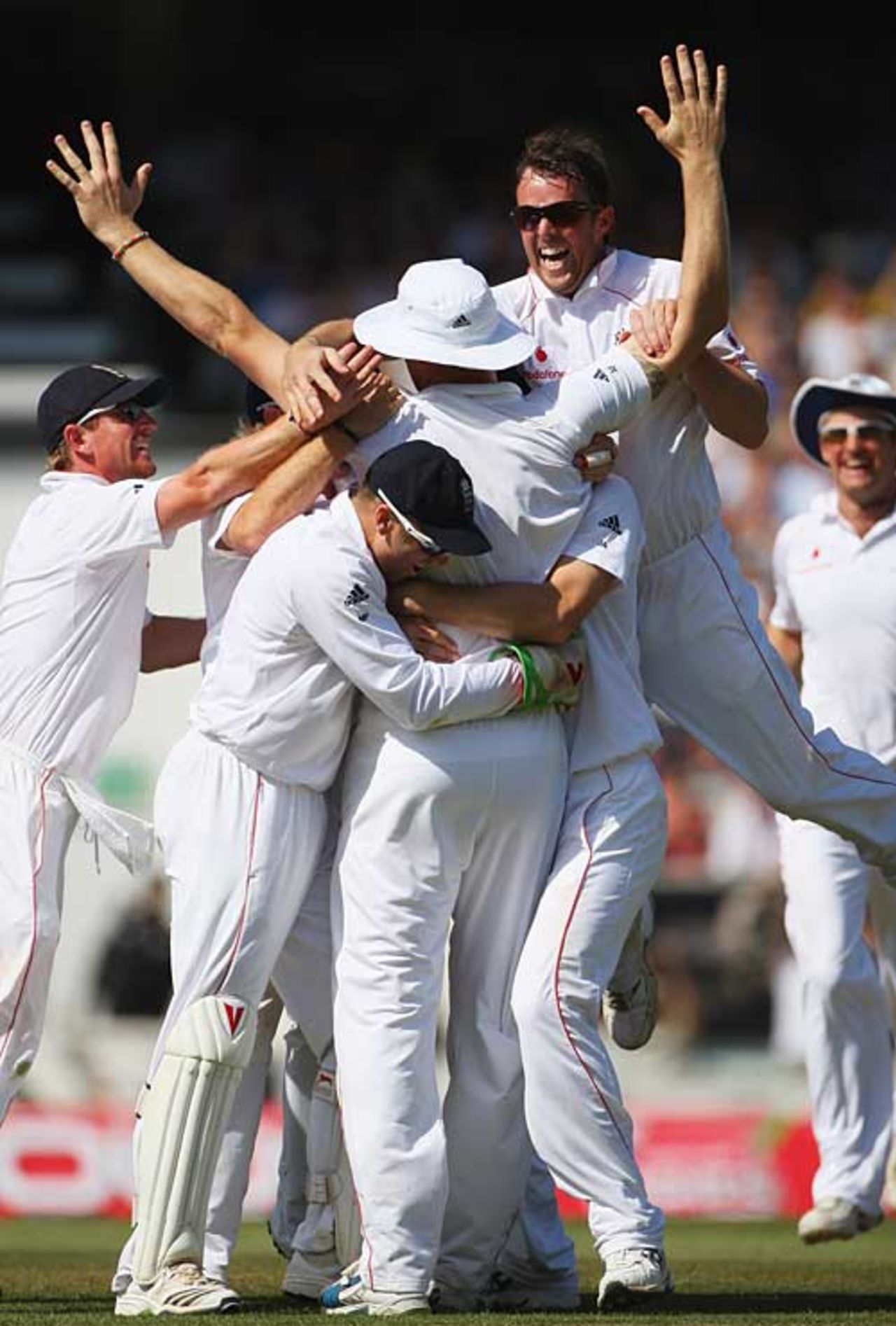 Team-mates engulf Andrew Flintoff after his dead-eye throw removed Ricky Ponting, England v Australia, 5th Test, The Oval, 4th day, August 23, 2009