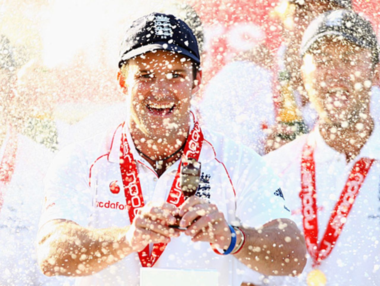 Andrew Strauss holds the Ashes urn under a shower of champagne, England v Australia, 5th Test, The Oval, 4th day, August 23, 2009