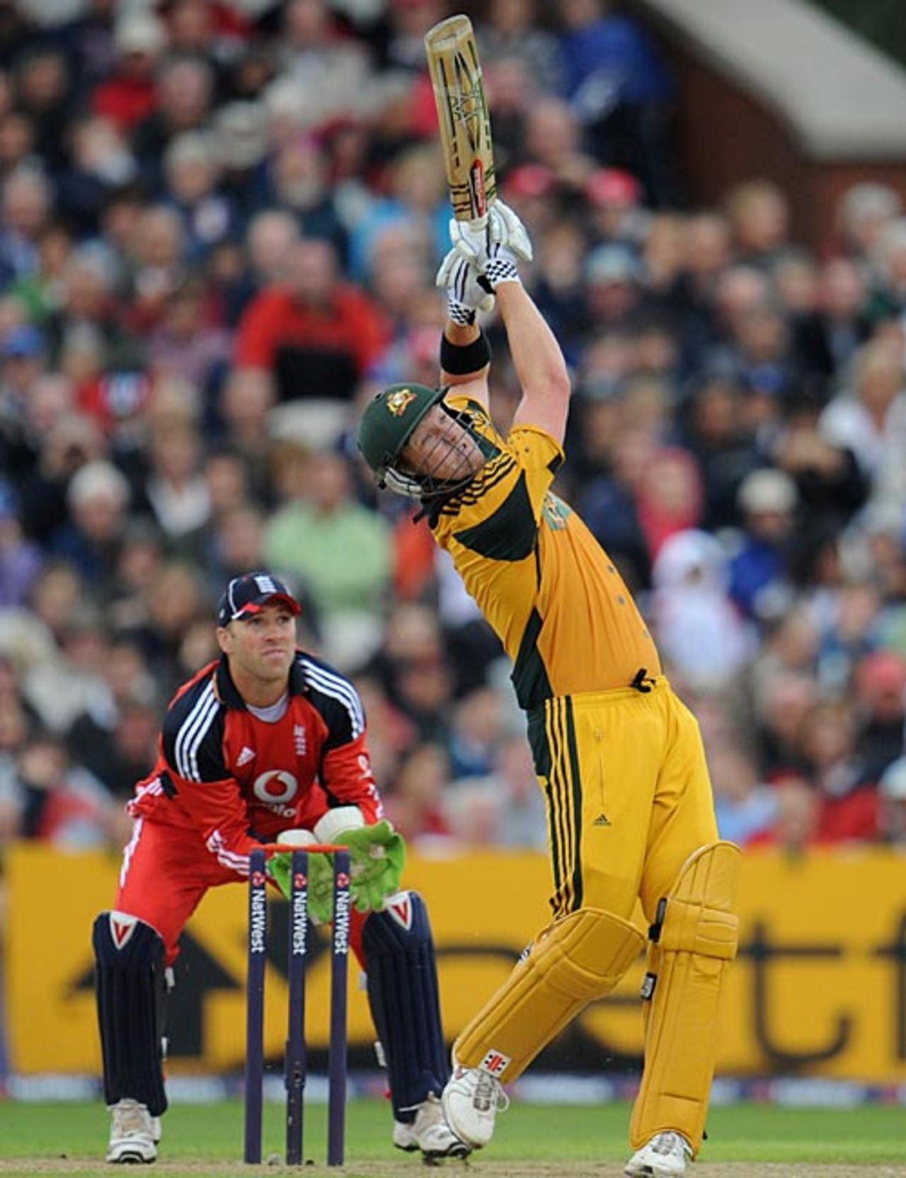 Cameron White launches one of his three sixes, England v Australia, 1st Twenty20 international, Old Trafford, August 30, 2009