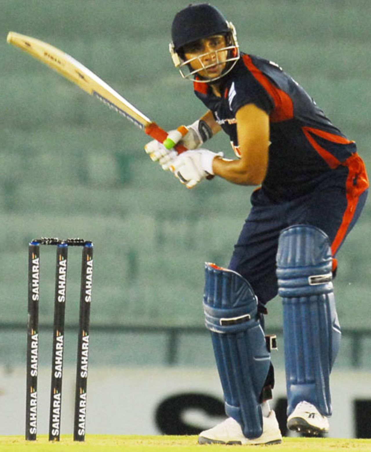 Manvinder Bisla gets in position to play a shot, Air India Blue v India Revenue, BCCI Corporate Trophy, Mohali, September 3, 2009