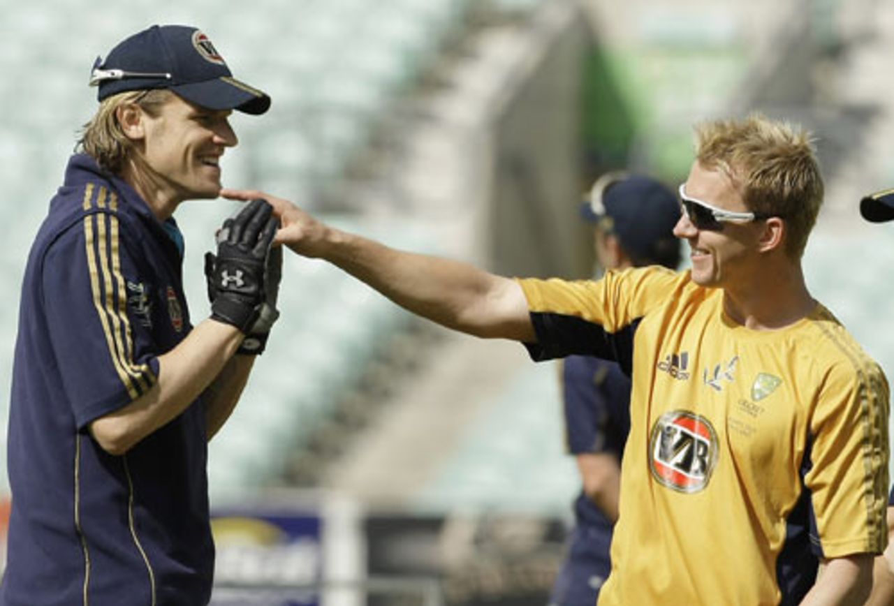 Nathan Bracken and Brett Lee share a lighter moment during a training session ahead of the first ODI against England, The Oval, September 3, 2009