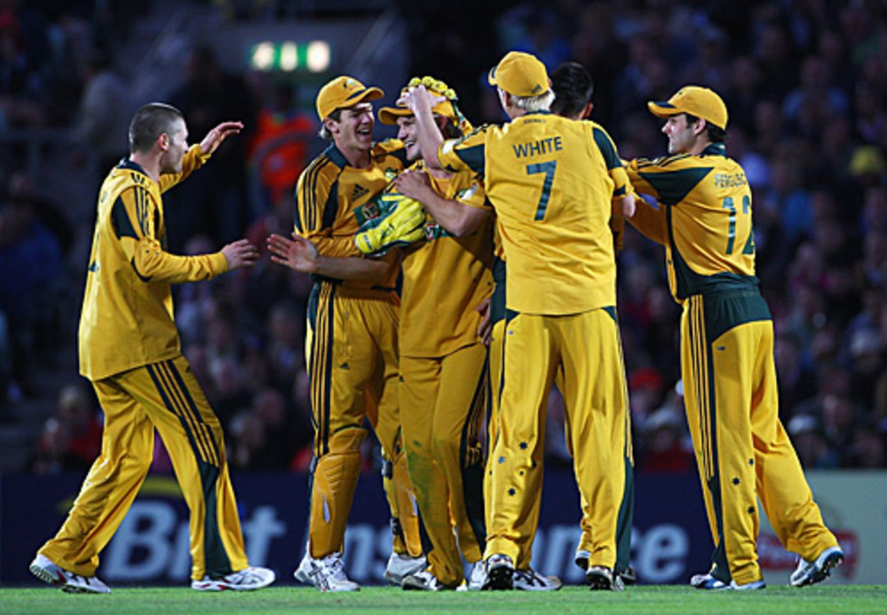 Shane Watson is mobbed after taking an excellent catch to dismiss Paul Collingwood, England v Australia, 1st ODI, The Oval, September 4, 2009