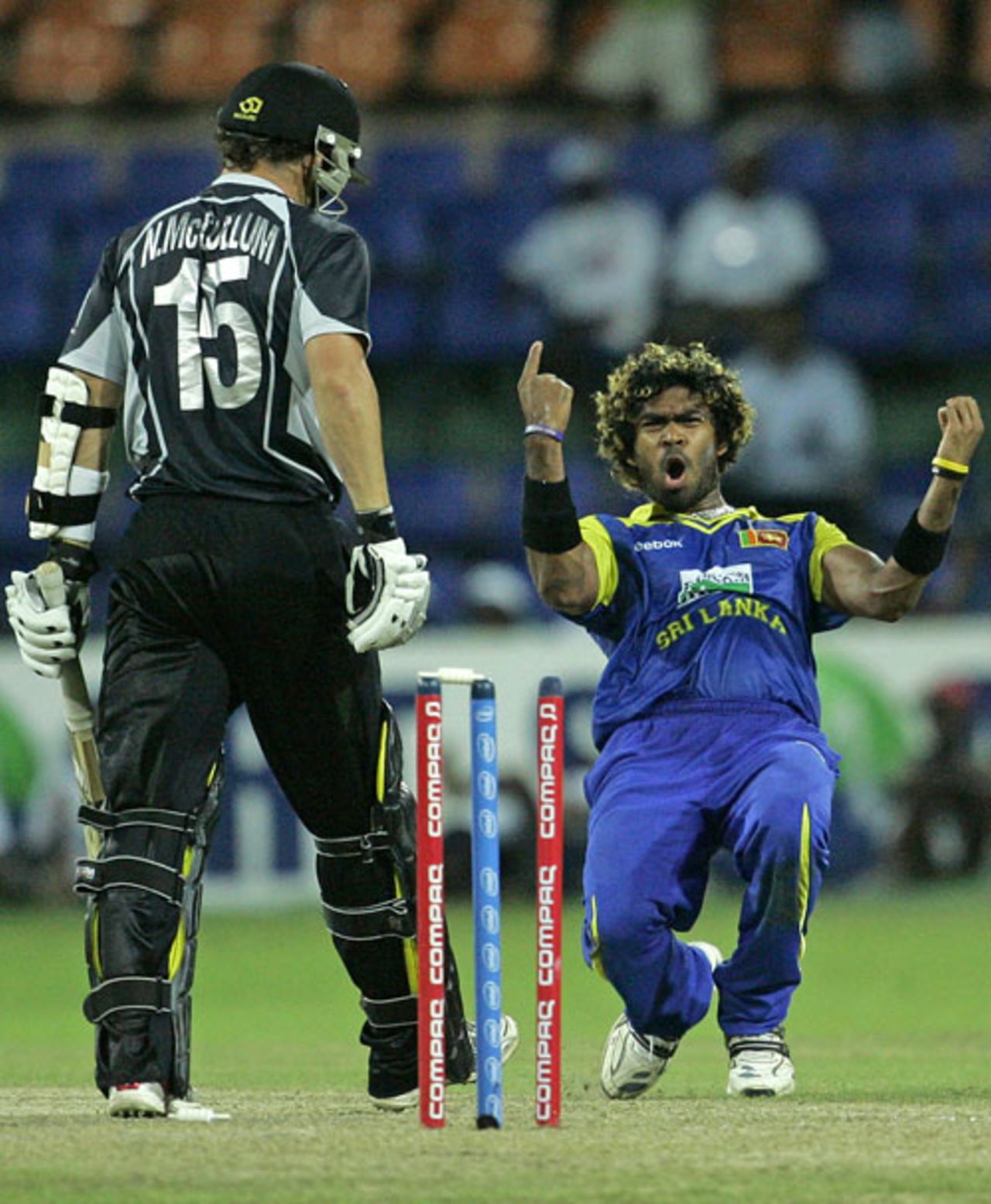 Lasith Malinga is delighted at handing Nathan McCullum a golden duck, Sri Lanka v New Zealand, 1st match, Compaq Cup, Colombo, September 8, 2009