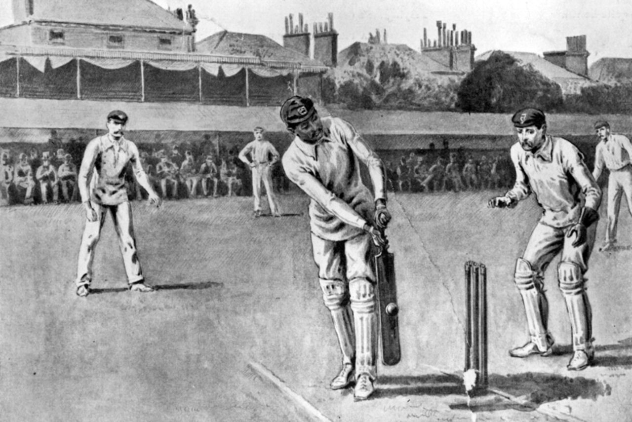 A portrait of Ranjitsinhji playing his favoured leg-glance