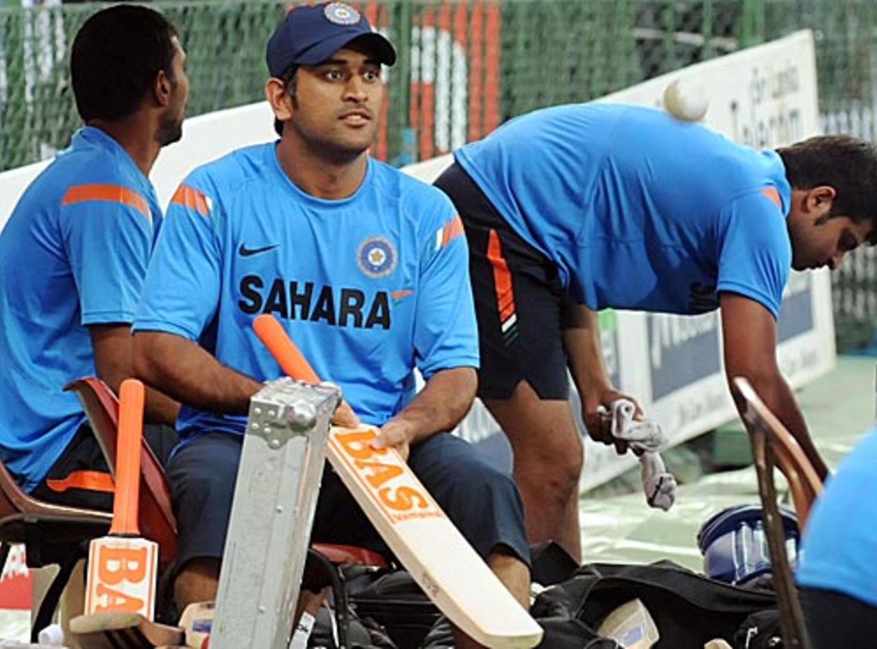 MS Dhoni prepares to bat at the nets, Colombo, September 9, 2009
