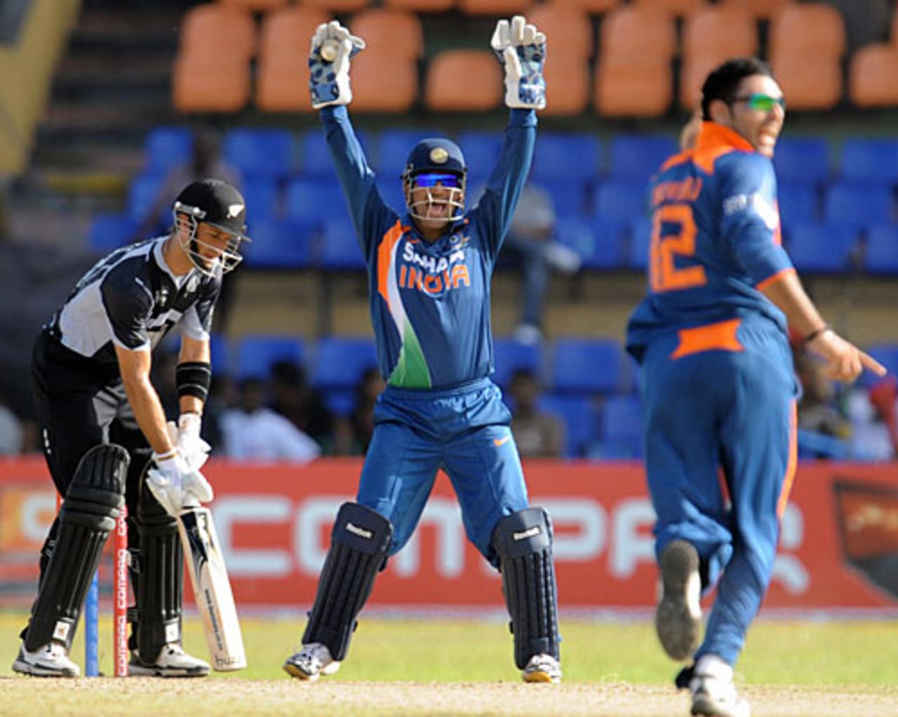 Yuvraj Singh successfully appeals for Grant Elliott's wicket, India v New Zealand, 2nd match, Compaq Cup, Colombo, September 11, 2009