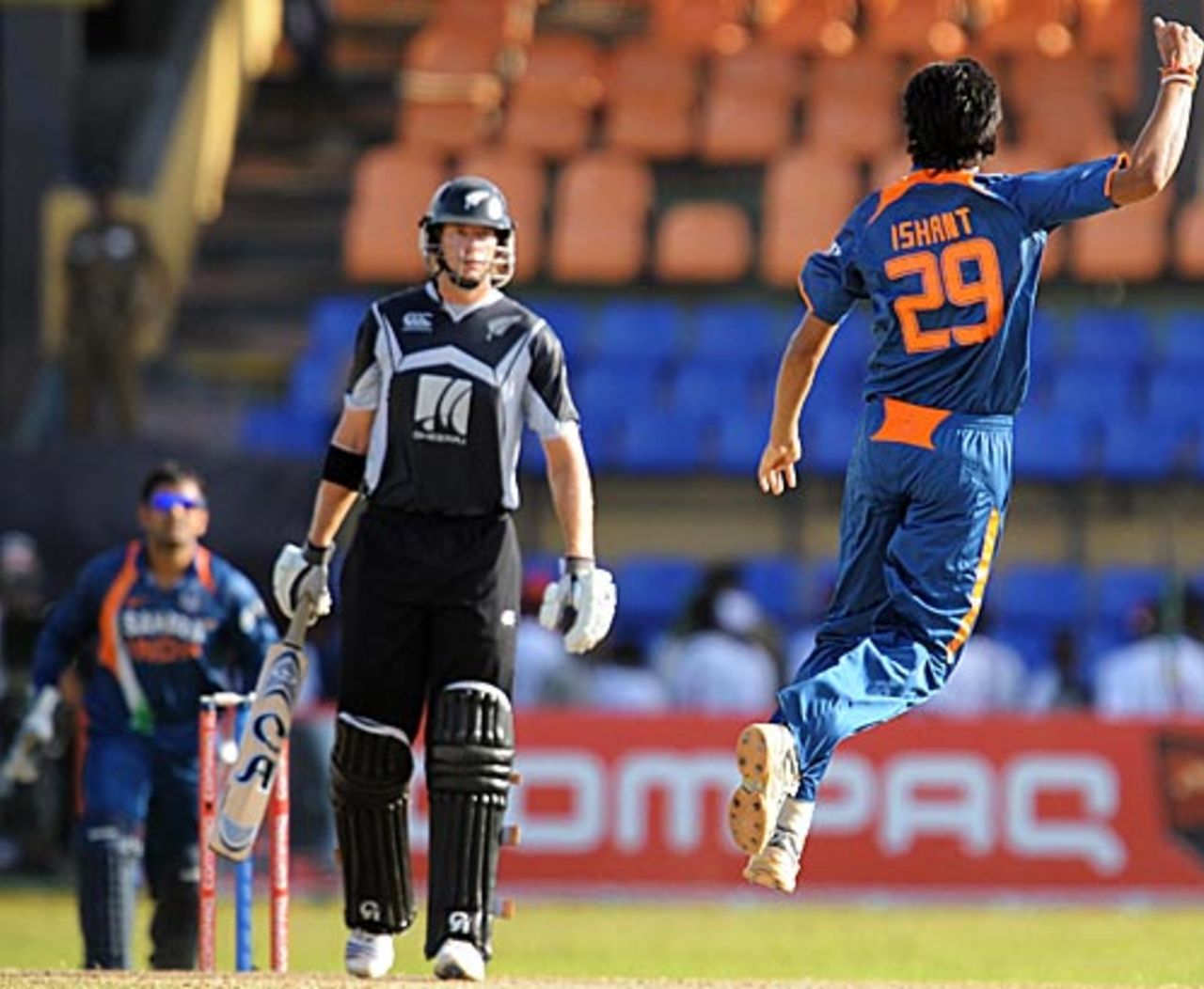 Jacob Oram is caught and bowled by Ishant Sharma, India v New Zealand, 2nd match, Compaq Cup, Colombo, September 11, 2009