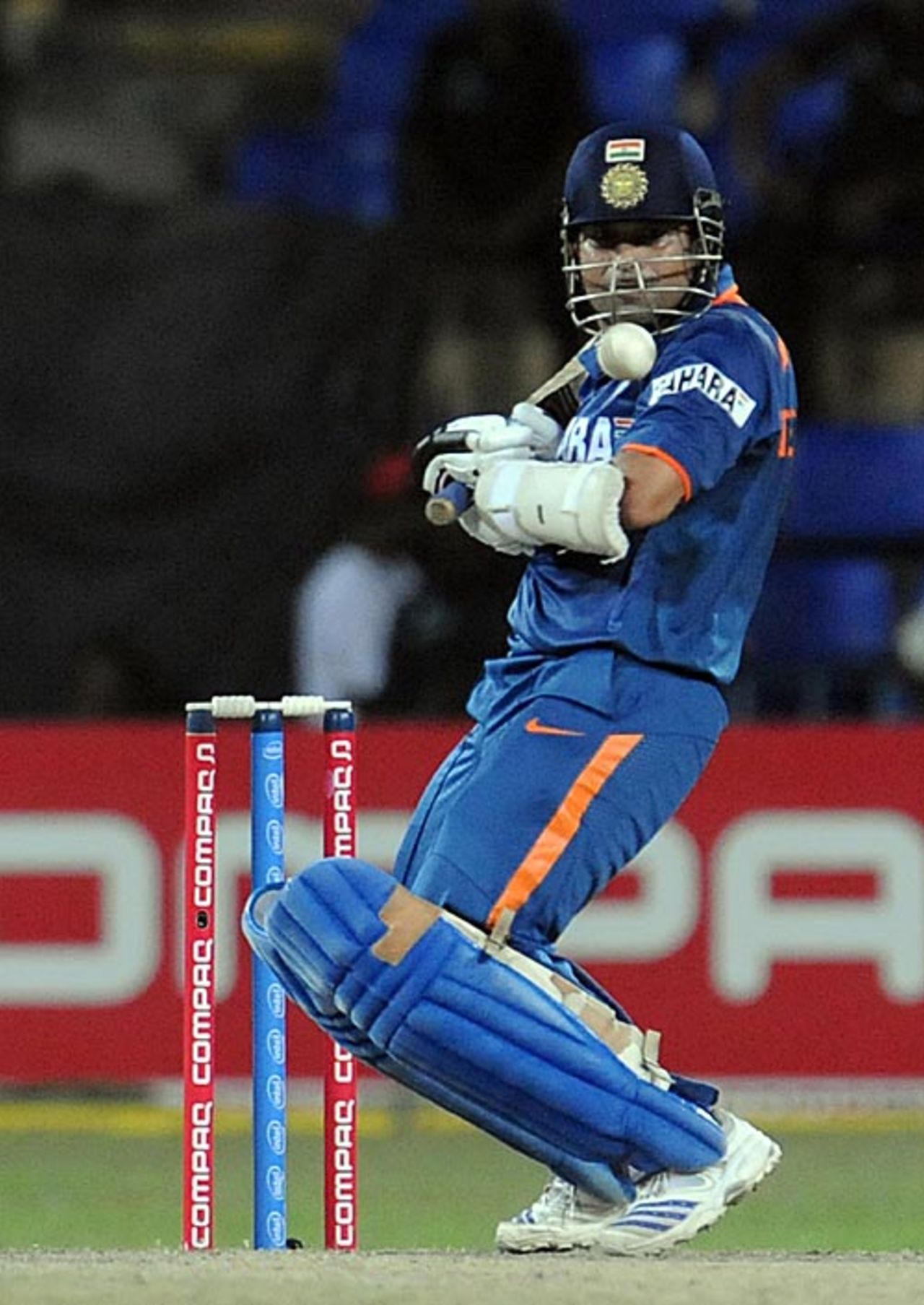 Sachin Tendulkar gets ready to nudge one past the keeper, India v New Zealand, 2nd match, Compaq Cup, Colombo, September 11, 2009
