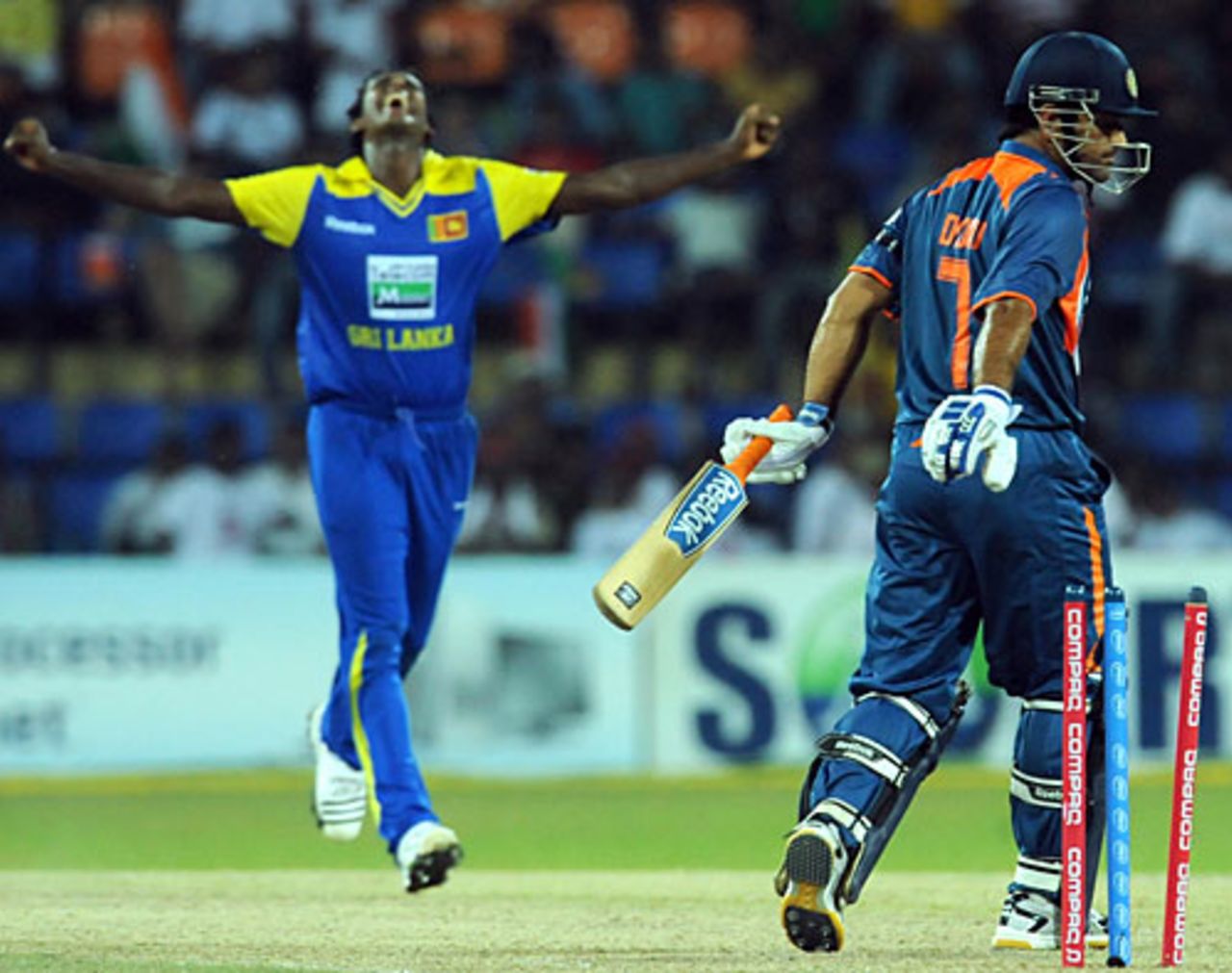 Angelo Mathews bowled MS Dhoni for 8, Sri Lanka v India, Compaq Cup, 3rd match, Colombo, September 12, 2009