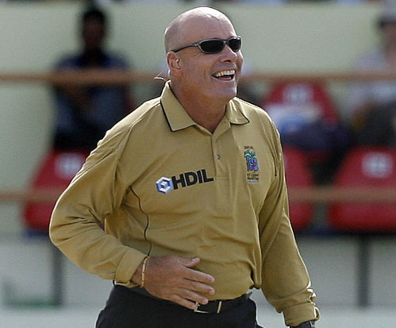 Daryl Harper laughs while wearing a earphone, South Africa v Sri Lanka, World Cup, Super Eights, Guyana, March 28, 2007
