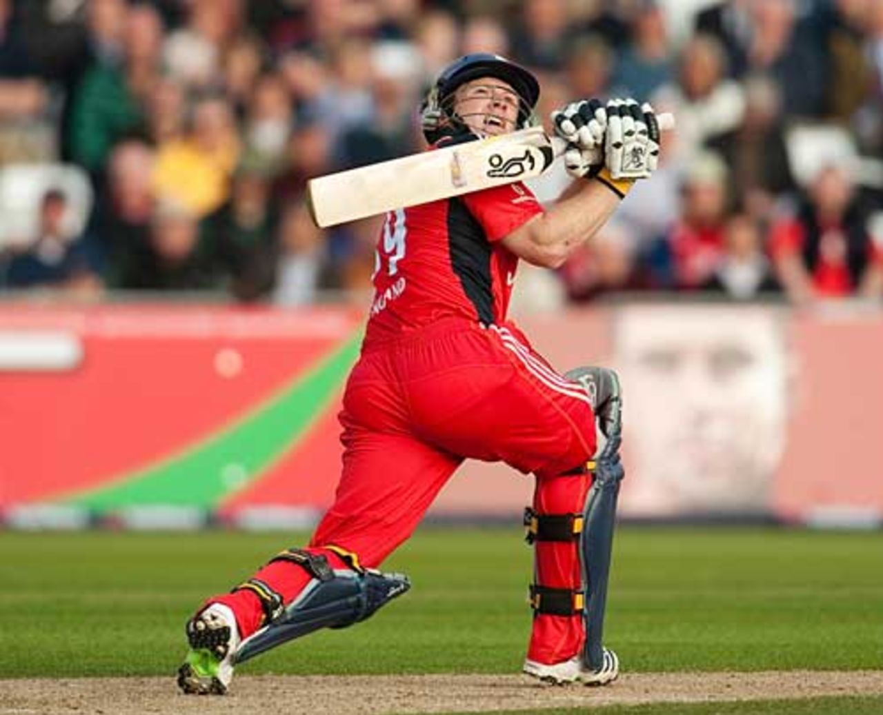 Eoin Morgan swings away a six during his 58 off 41 balls, England v Australia, 5th ODI, Trent Bridge, September 15, 2009