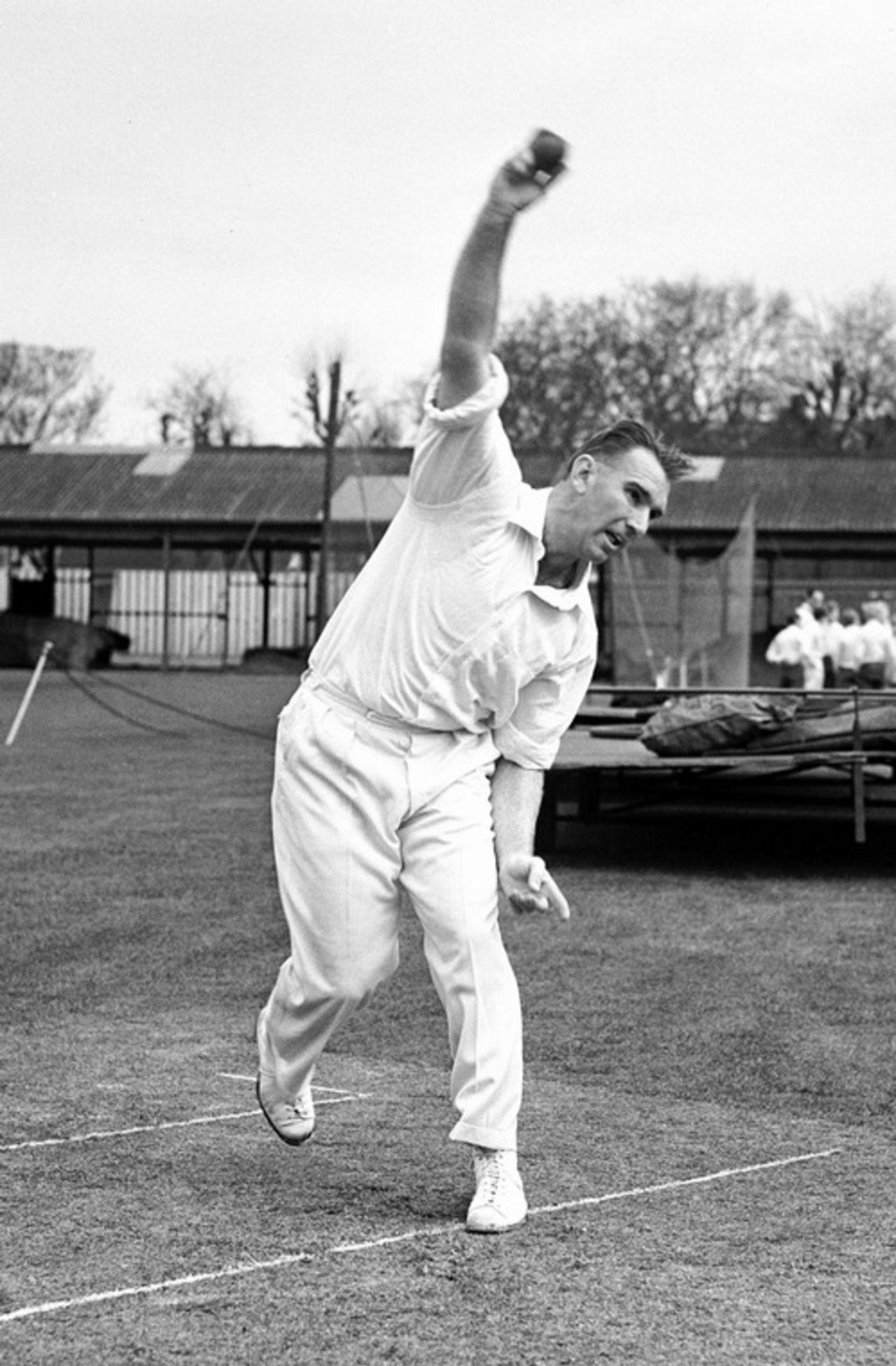 John Reid bowls in the nets, New Zealand tour of England, 1958