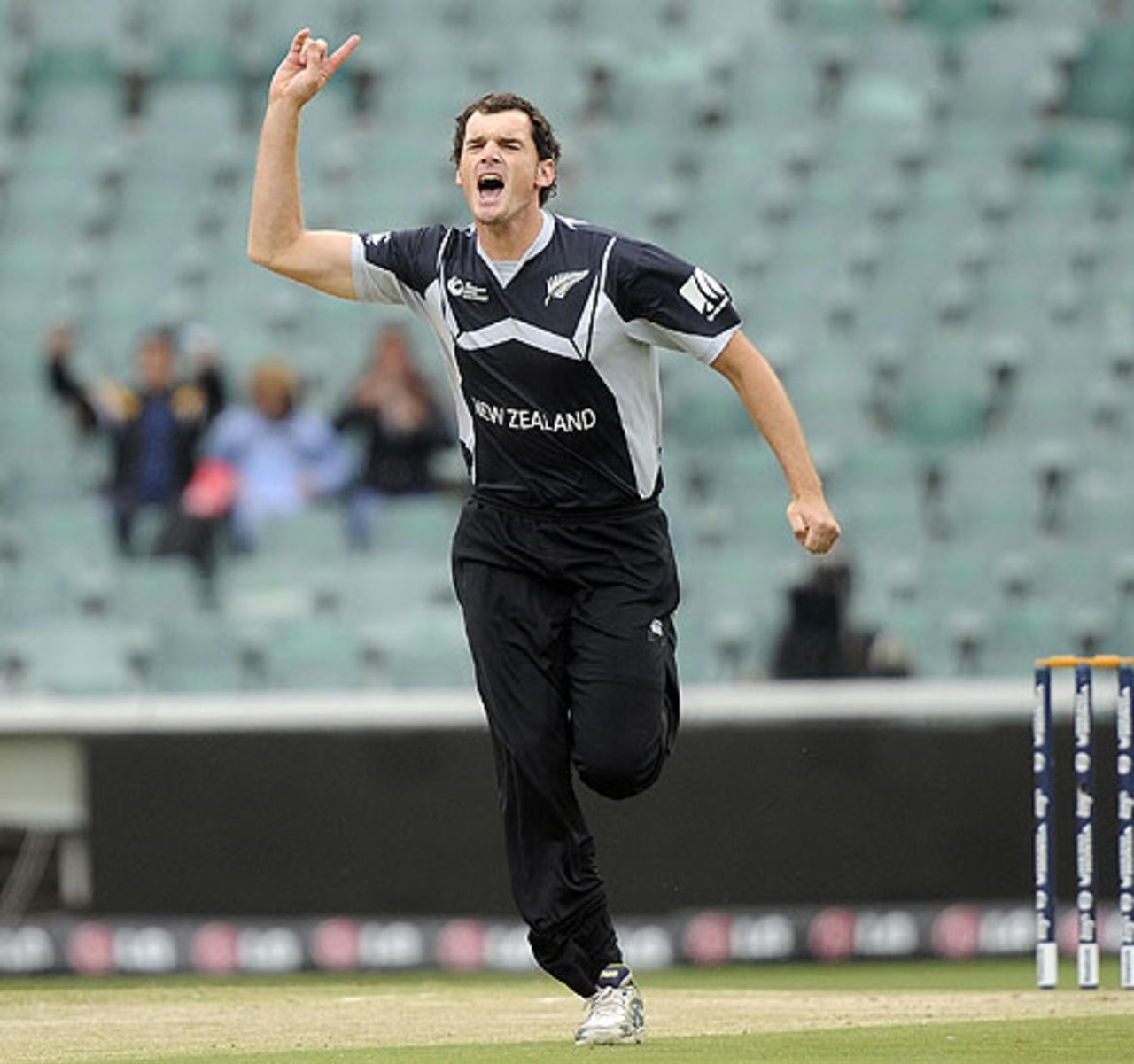 Kyle Mills celebrates the second-ball dismissal of Andrew Strauss, England v New Zealand, Johannnesburg, September 29, 2009