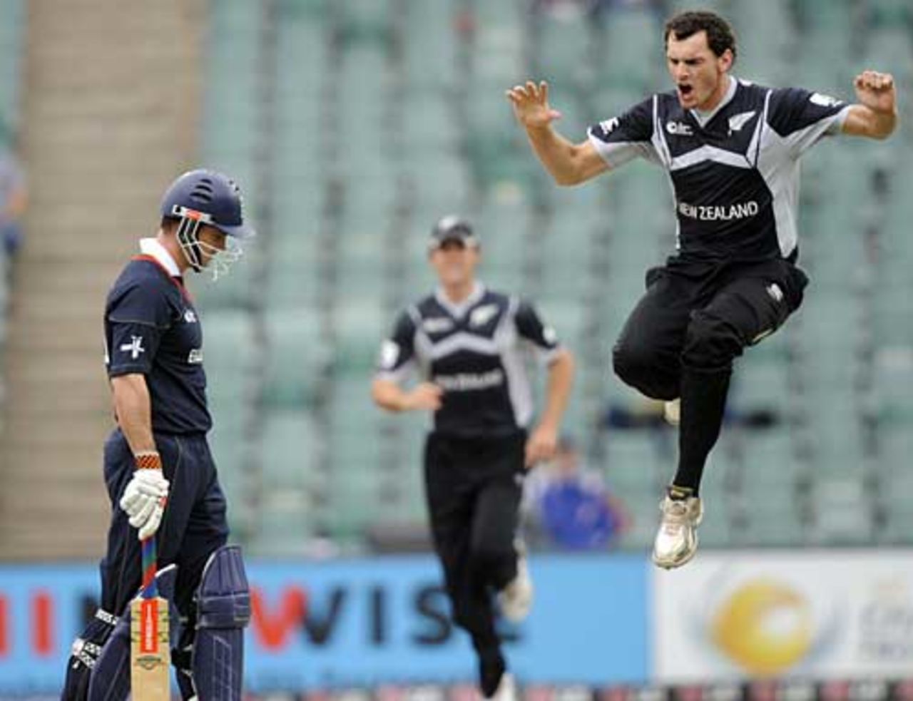 Kyle Mills shows his delight at removing Andrew Strauss, England v New Zealand, Johannesburg, September 29, 2009